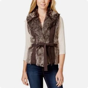 XOXO Brown Faux Fur Vest knit sleeveless sweater women small y2k winter tie wrap